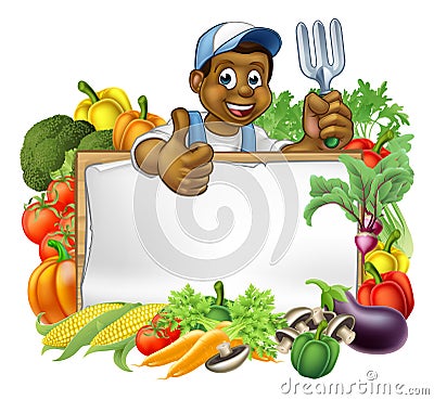 Cartoon Black Gardener Vegetables Sign Vector Illustration