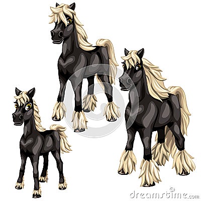 Cartoon black horses with blonde mane. Vector Vector Illustration