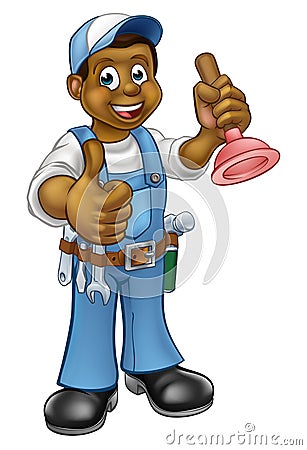 Cartoon Black Plumber Handyman Holding Punger Vector Illustration