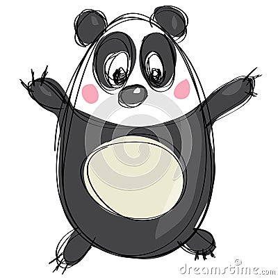 Cartoon black and white cute panda as naive children drawing Vector Illustration