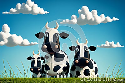 Cartoon of black and white Holstein Friesian cows standing in a green grass pasture field Cartoon Illustration