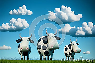 Cartoon of black and white Holstein Friesian cows standing in a green grass pasture field Cartoon Illustration