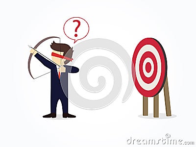 Cartoon blindfolded businessman shooting arrow miss the target. Vector illustration for business design and infographic Vector Illustration