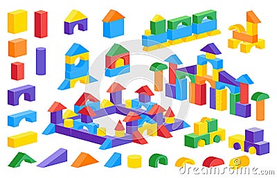 Cartoon block castle. Colorful children constructor toy, plastic brick puzzle game, building car castle. Vector cylinder Vector Illustration