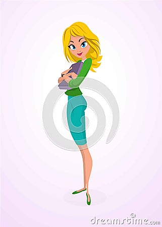 Cartoon blond girl. Cheerful smiling business woman or teacher character with folder for papers. Vector illustration. Vector Illustration