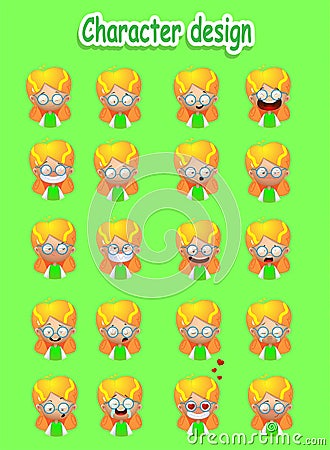 Cartoon blond girl emotions set. Vector Illustration