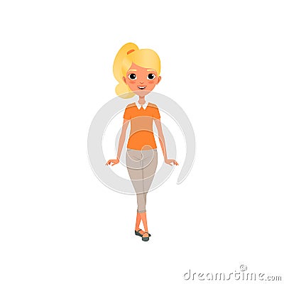 Cartoon blond girl with ponytail in orange t-shirt and beige breeches. Female character posing with cheerful face Vector Illustration