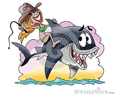 Cartoon blond girl riding a great white shark vector Vector Illustration