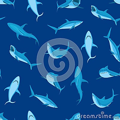 Cartoon Blue Characters Shark Seamless Pattern Background. Vector Vector Illustration