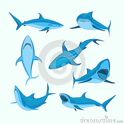 Cartoon Blue Characters Shark Sign Icon Set. Vector Vector Illustration