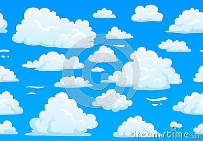 Cartoon blue cloudy sky. Horizontal seamless pattern with white fluffy clouds. 2d game overcast sky vector texture Vector Illustration