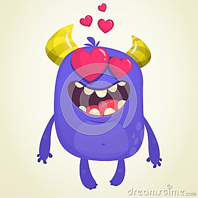 Cartoon blue cool monster in love. St Valentines vector illustration of loving monster waving. Vector Illustration