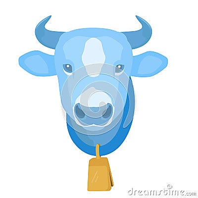 Cartoon blue cow head with gold bell on the neck. Cow icon isolated on white background Vector Illustration