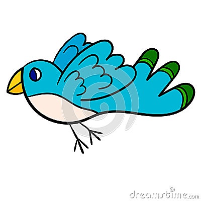 Cartoon linear flying fantasy bird isolated on white background. Vector Illustration