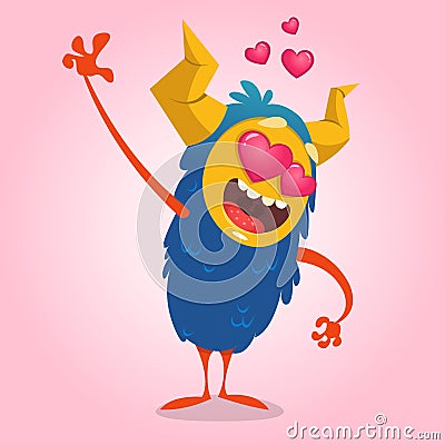 Cartoon blue horned monster in love waving. St Valentine`s monster. Vector Illustration Vector Illustration