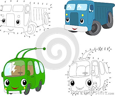 Cartoon blue lorry and green trolleybus. Vector illustration. Do Vector Illustration