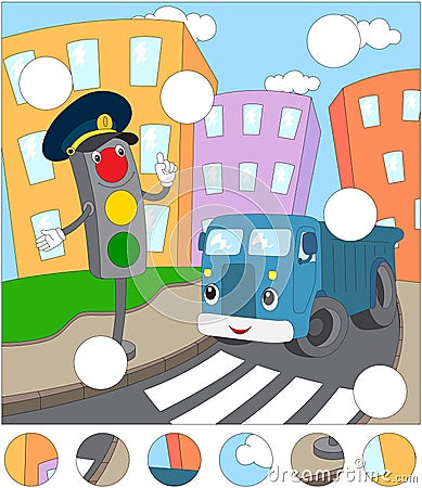 Cartoon blue lorry and traffic lights on a pedestrian crossing. Vector Illustration