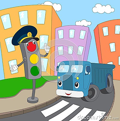 Cartoon blue lorry and traffic lights on a pedestrian crossing Vector Illustration