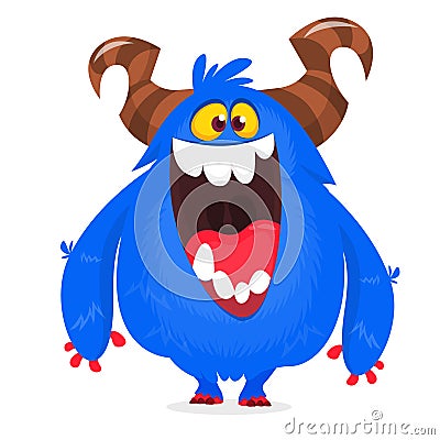 Cartoon blue monster. Vector cartoon fluffy Halloween monster. Funny troll or gremlin character. Vector Illustration