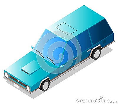 Cartoon blue old retro flat isometric long car Vector Illustration