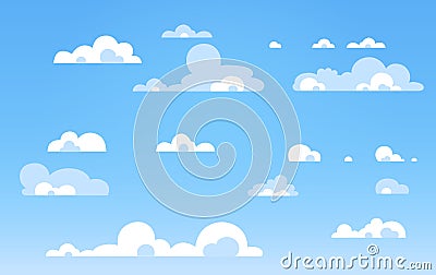 Cartoon Blue sky with clouds on the shiny day. Silhouette of white fluffy clouds isolated on blue background. Vector set Vector Illustration