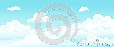 Cartoon blue sky and curly clouds. Vector white cloud beauty dreams horizontal background. Cover fluffy white heavenly Vector Illustration