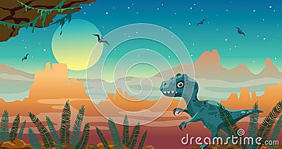 Prehistoric nature - tyrannosaur, fern, mountains and pterodactyls Cartoon Illustration