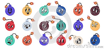 Cartoon bomb characters. Comic bombs with burning wick, hand drawn bomb mascot with face emotions. Funny explosive bombshell flat Vector Illustration