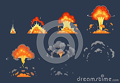 Cartoon bomb explosion animation. Exploding animated frames, atomic explode effect and explosions smoke vector Vector Illustration