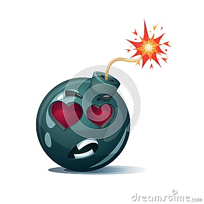 Cartoon bomb, fuse, wick, spark, tooth icon. Love smiley. Vector Illustration