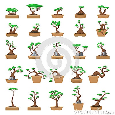 25 Cartoon bonsai trees set Vector Illustration