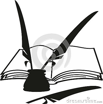 Cartoon book, inkwell and feathers (quill) Vector Illustration