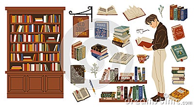 Cartoon books. Book lover hold literature volume, guy in library, gaining knowledge, self education, bibliophile reads Vector Illustration