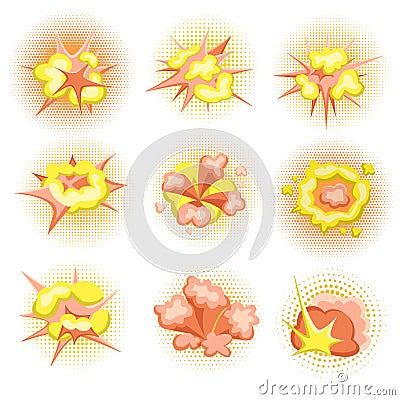 Cartoon Boom. Set of fire bomb explosions in comic style. Vector illustration, isolated. Vector Illustration