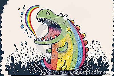 Cartoon of a bored Crocodile yawning with a rainbow coming out of it`s mouth Stock Photo