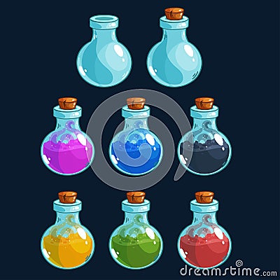 Cartoon bottles with poison in different colors, vector elements for game design. Vector Illustration