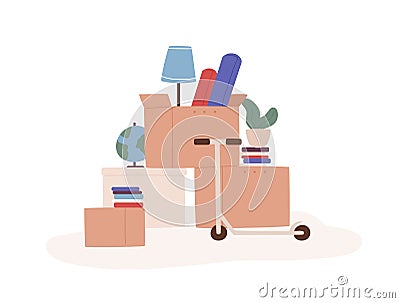 Cartoon boxes with different things ready for moving isolated on white background. Heap colored cardboard packaging with Vector Illustration