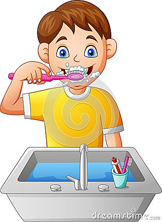 Cartoon boy brushing teeth Stock Photo