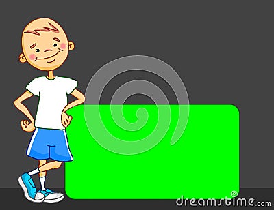 Cartoon boy character is leaning against the green screen panel. 2D, vector, illustration Vector Illustration