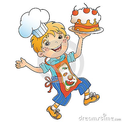 Cartoon boy chef with cake or pie. Little cook or scullion in apron and chef hat. Profession. Colorful vector illustration for Vector Illustration