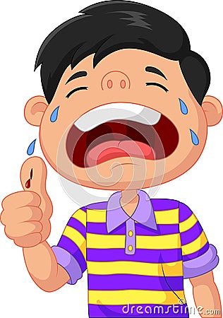 Cartoon boy crying because of a cut on his thumb Vector Illustration