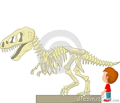 Cartoon Boy with dinosaur skeleton at the museum Vector Illustration