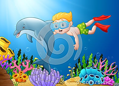 Cartoon boy diving in the sea with dolphin Vector Illustration