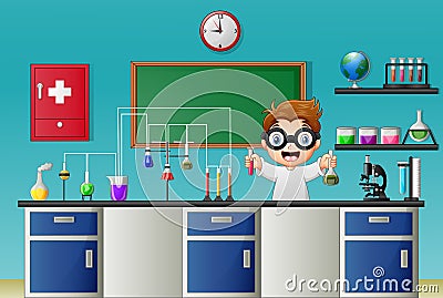 Cartoon boy doing chemical experiment in the laboratory Vector Illustration