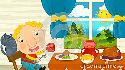 Cartoon boy eating in the dining room Cartoon Illustration