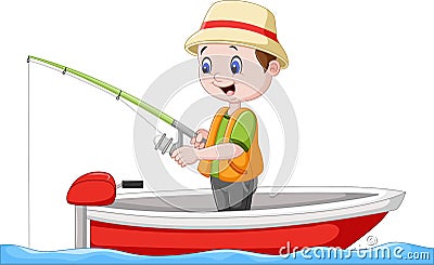 Cartoon boy fishing on a boat Vector Illustration