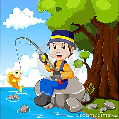 Cartoon Boy fishing Vector Illustration