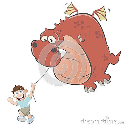 Cartoon boy is flying a dragon kite Vector Illustration