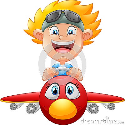 Cartoon Boy Flying Plane Stock Photo