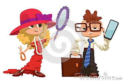 Cartoon boy and girl dressed like mother, father Vector Illustration